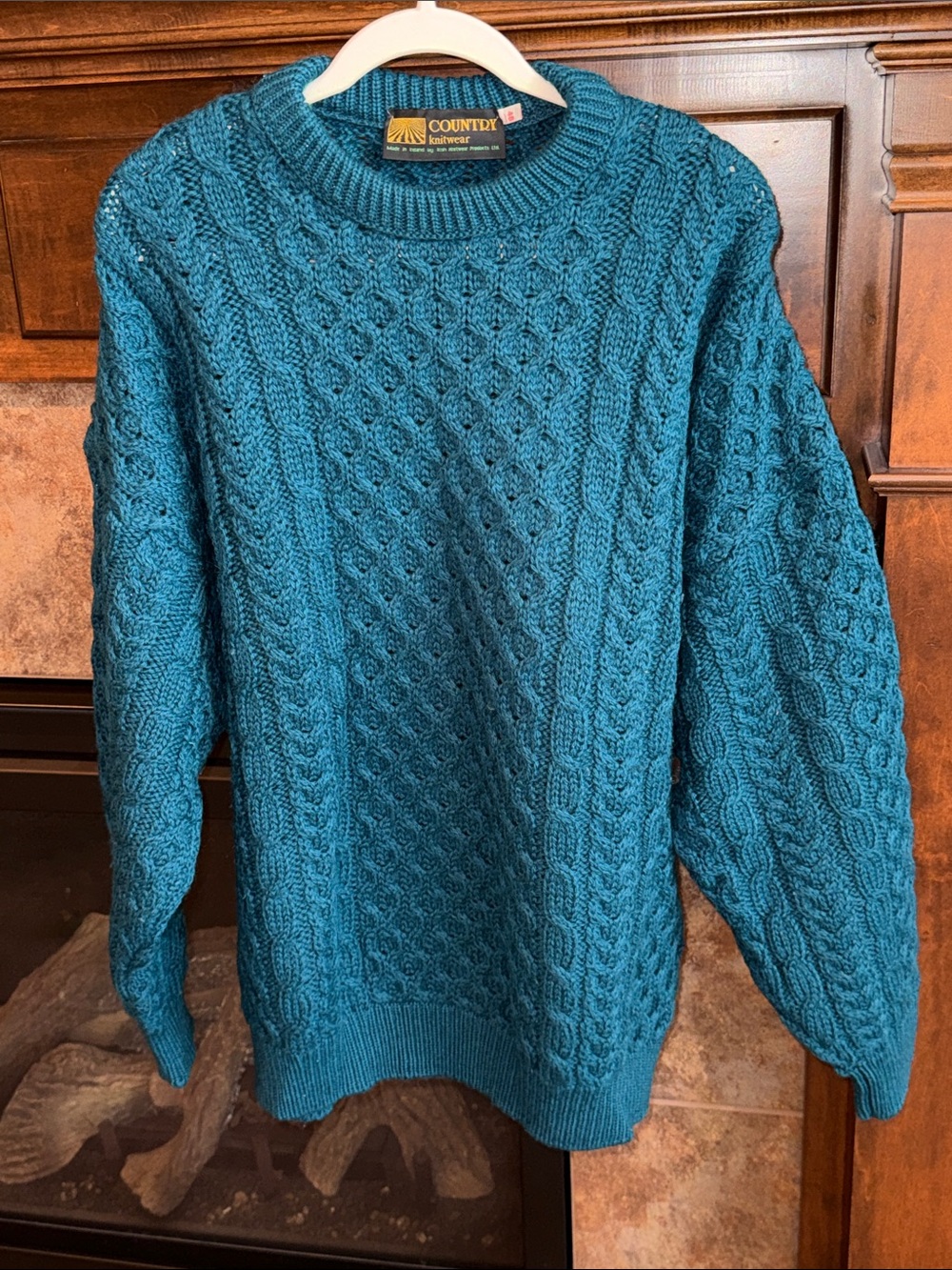 Vintage Country Knitwear Ireland Chunky Wool Fisherman Teal Green Sweater est XL